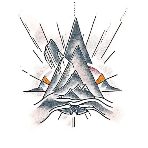 A traditional tattoo of hands clasped in prayer with a mountain landscape in the background tattoo design idea