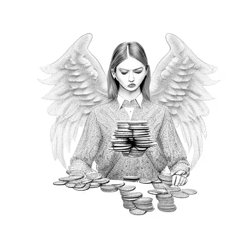A stylish accountant counting money with angelic wings tattoo design idea