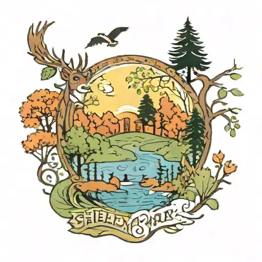 The words Shelby Park, filled in each letter is a nature scene, depicting trees, deer, ducks, birds, squirels and a lake tattoo design idea