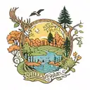 The words Shelby Park, filled in each letter is a nature scene, depicting trees, deer, ducks, birds, squirels and a lake tattoo design idea