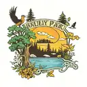 The words Shelby Park, filled in each letter is a nature scene, depicting trees, deer, ducks, birds, squirels and a lake tattoo design idea