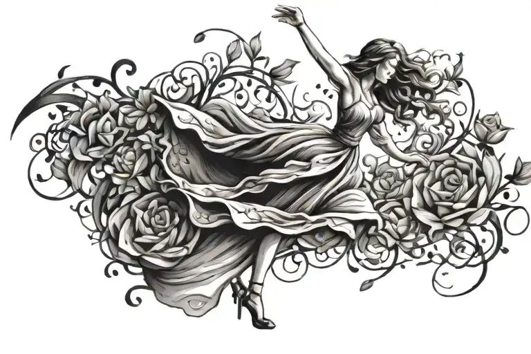 girl in dress dancing flowers tattoo design idea