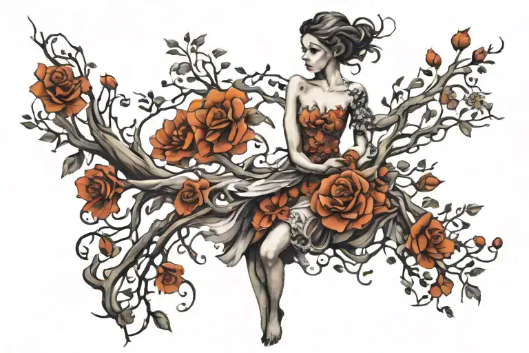 girl in dress flowers and branches tattoo design idea