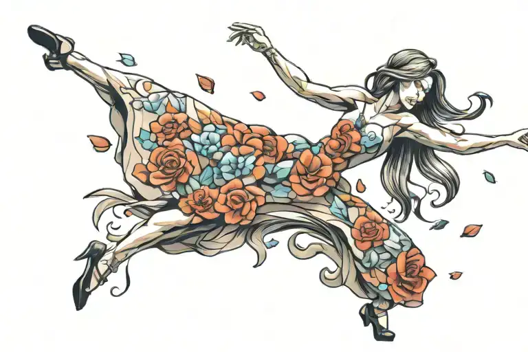 girl in dress dancing flowers tattoo design idea