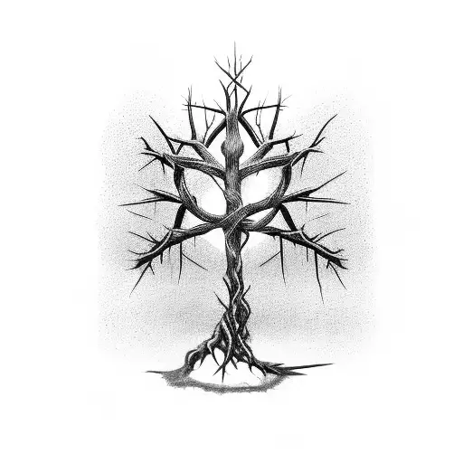 a cross that is also a tree with roots, surrounded by a crown of thorns and the words "deep roots are not reached by the tattoo design idea