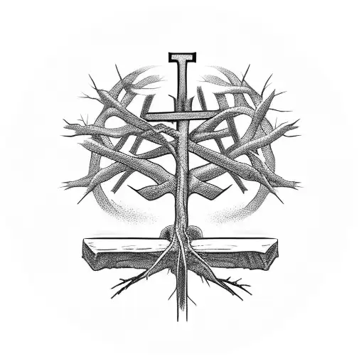 a cross that is also a tree with roots, surrounded by a crown of thorns and the words "deep roots are not reached by the tattoo design idea