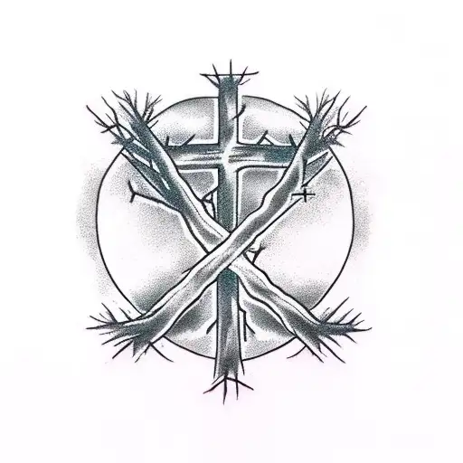 a cross that is also a tree with roots, surrounded by a crown of thorns and the words "deep roots are not reached by the tattoo design idea