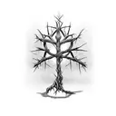 a cross that is also a tree with roots, surrounded by a crown of thorns and the words "deep roots are not reached by the tattoo design idea