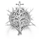 a cross that is also a tree with roots, surrounded by a crown of thorns and the words "deep roots are not reached by the tattoo design idea