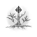 a cross that is also a tree with roots, surrounded by a crown of thorns and the words "deep roots are not reached by the tattoo design idea