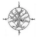 a cross that is also a tree with roots, surrounded by a crown of thorns and the words "deep roots are not reached by the tattoo design idea