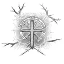a cross that is also a tree with roots, surrounded by a crown of thorns and the words "deep roots are not reached by the tattoo design idea