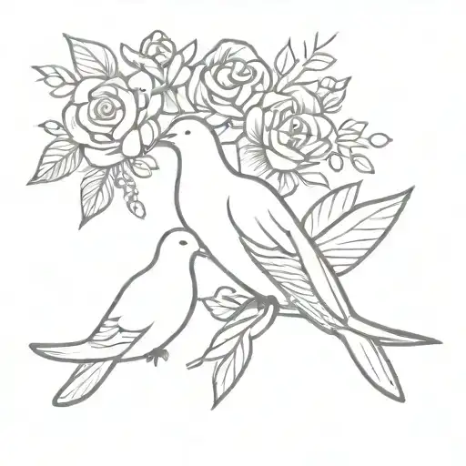 floral crown with 3 doves snuggling and standing tattoo design idea