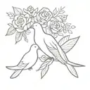 floral crown with 3 doves snuggling and standing tattoo design idea