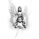 A child sitting with a Demon whispering in his ear while an Angel is being sent down to rescue the child tattoo design idea