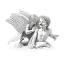 A child sitting with a Demon whispering in his ear while an Angel is being sent down to rescue the child tattoo design idea