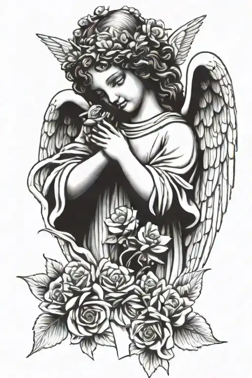 angel statue holding flowers tattoo design idea
