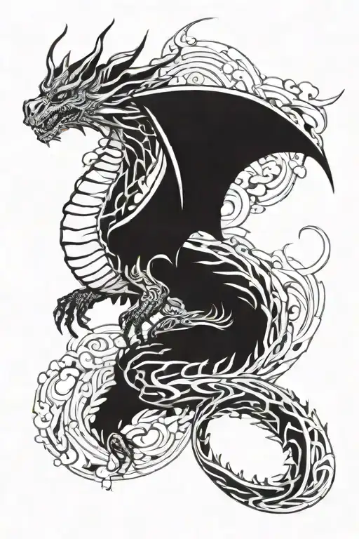 dragon with wings sitting on abstraction tattoo design idea