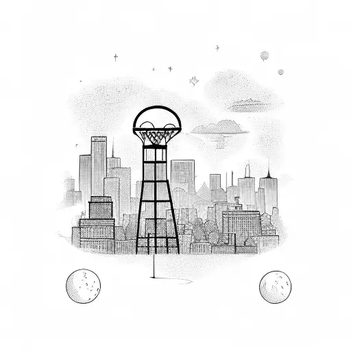 Harlem skyline with a basketball hoop in the foreground tattoo design idea