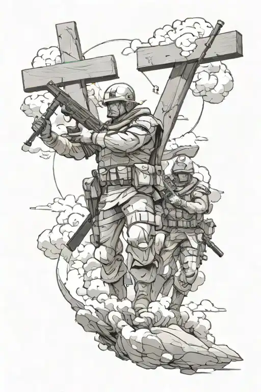 God protecting solider and the solider is anime character there's gonna be a cross, clouds and a bible verse  tattoo design idea