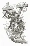 God protecting solider and the solider is anime character there's gonna be a cross, clouds and a bible verse  tattoo design idea
