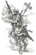 God protecting solider and the solider is anime character there's gonna be a cross, clouds and a bible verse  tattoo design idea