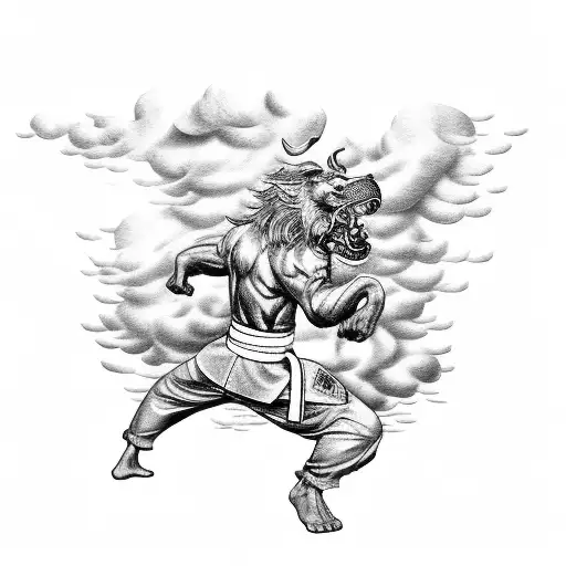 A dynamic scene of a foo dog performing karate moves amidst Japanese clouds tattoo design idea