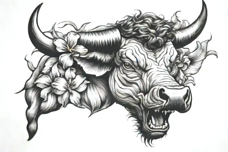 a raging bull in a patch of iris flower surrounded tattoo design idea