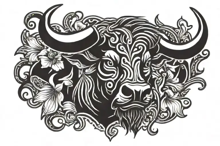 a raging bull in a patch of iris flower surrounded tattoo design idea