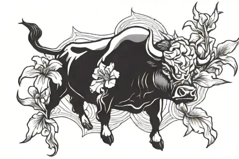 a raging bull in a patch of iris flower surrounded tattoo design idea