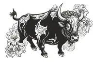 a raging bull in a patch of iris flower surrounded tattoo design idea