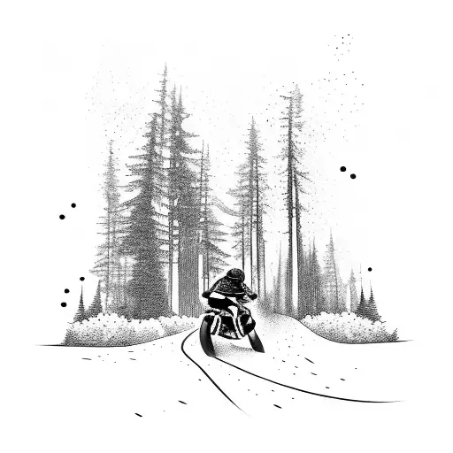 A dirtbike speeding through a forest trail with musical notes trailing behind tattoo design idea