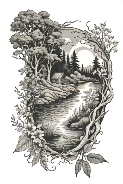 RIVER, NATURE, FOREST, GARDEN, TREES, FIRE, DRIED FLOWERS, HERBS, WITCHY tattoo design idea
