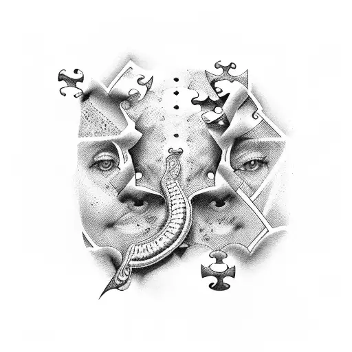 puzzle piece coming up from the skin with stitching underneath tattoo design idea