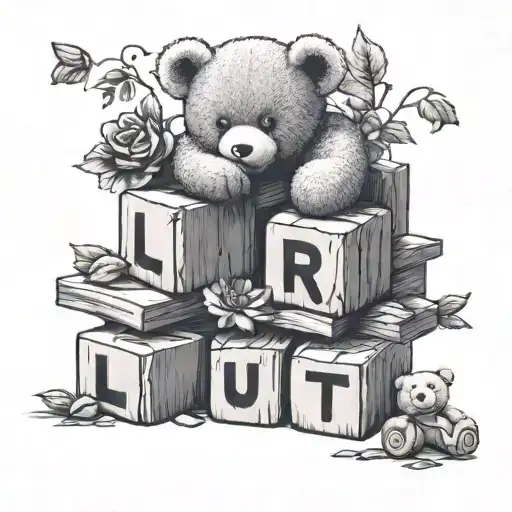 Design a tattoo featuring a stack of wooden alphabet blocks spelling out 'Lauren Ruth' with a teddy bear perched on top tattoo design idea