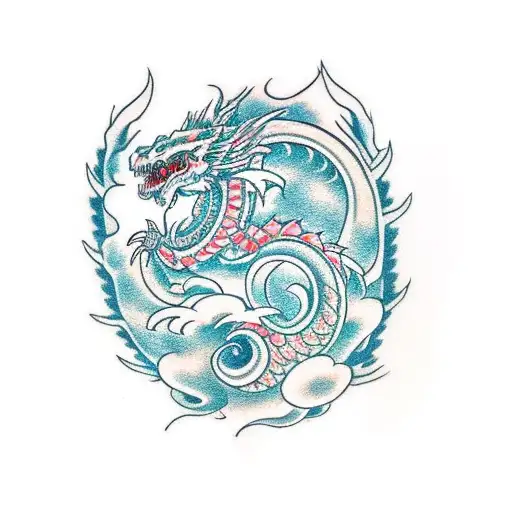 A traditional Japanese dragon wrapped around a motorbike, with cherry blossoms in the background tattoo design idea