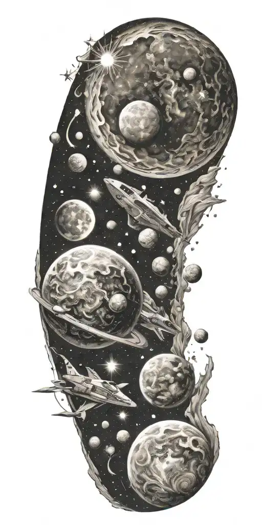 Space, galaxies, planet, moon, asteroid, sun, stars tattoo design idea