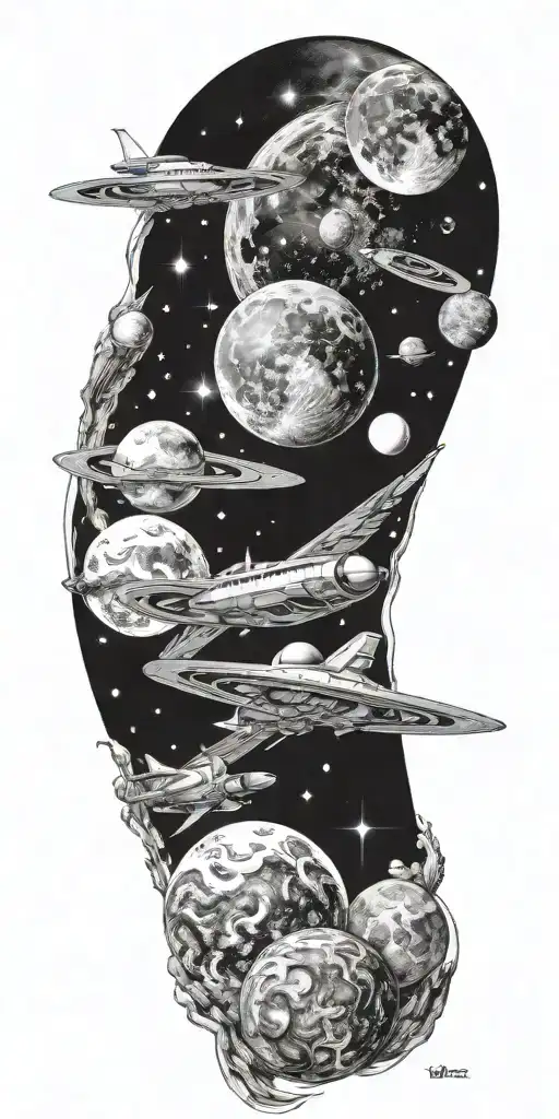 space, galaxy, universe, space ship, comet, planets, moon, sun tattoo design idea