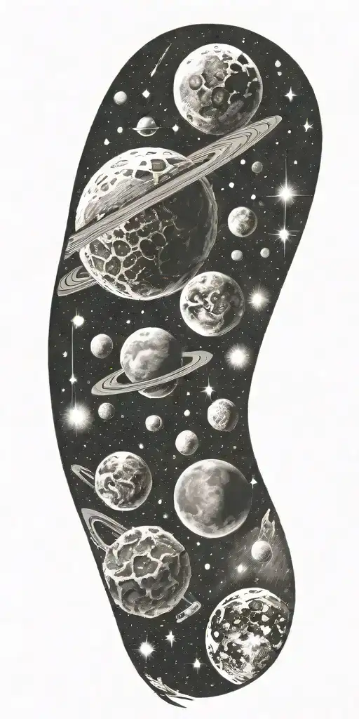 Space, galaxies, planet, moon, asteroid, sun, stars tattoo design idea