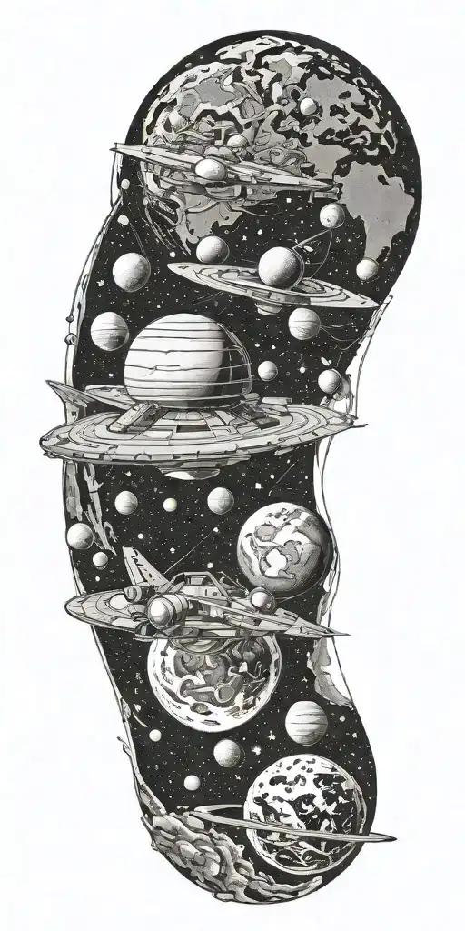 space ship, orbit, earth, moon, planets, asteroid tattoo design idea