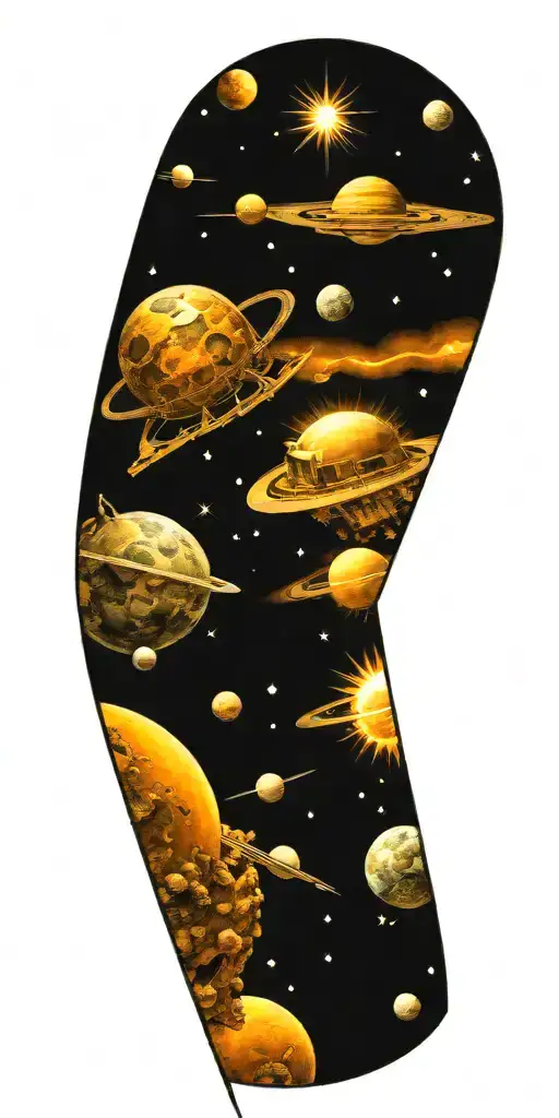 space, galaxy, universe, space ship, comet, planets, moon, sun tattoo design idea