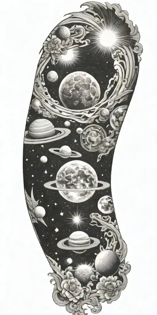 Space, galaxies, planet, moon, asteroid, sun, stars, halo tattoo design idea