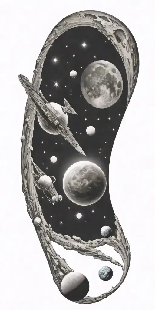 space ship, orbit, earth, moon, planets, asteroid tattoo design idea