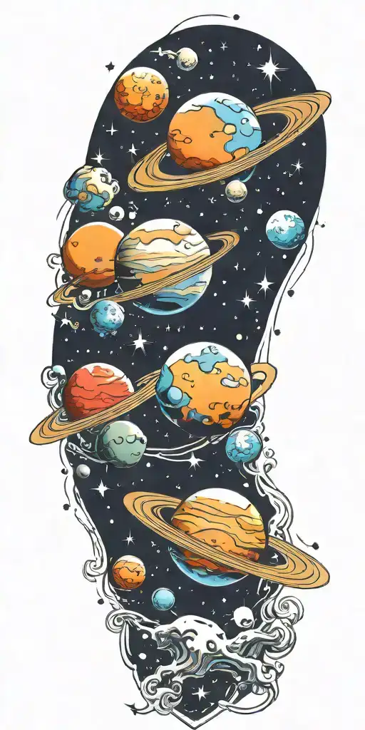 Sleeve of outer space with planets, stars and moons tattoo design idea