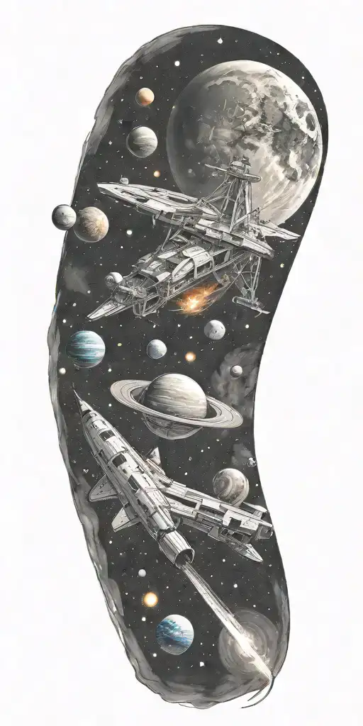 space, galaxy, universe, space ship, comet, planets, moon tattoo design idea