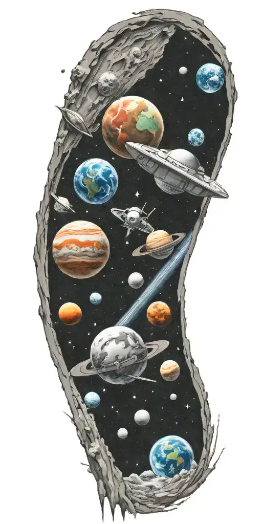 space ship, orbit, earth, moon, planets, asteroid tattoo design idea