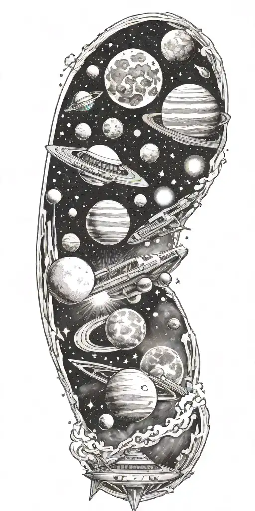 space, galaxy, universe, space ship, comet, planets, moon, sun tattoo design idea