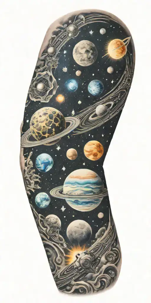 Space, galaxies, planet, moon, asteroid, sun, stars, halo tattoo design idea