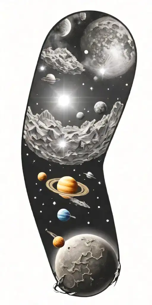 Space, galaxies, planet, moon, asteroid, sun, stars tattoo design idea