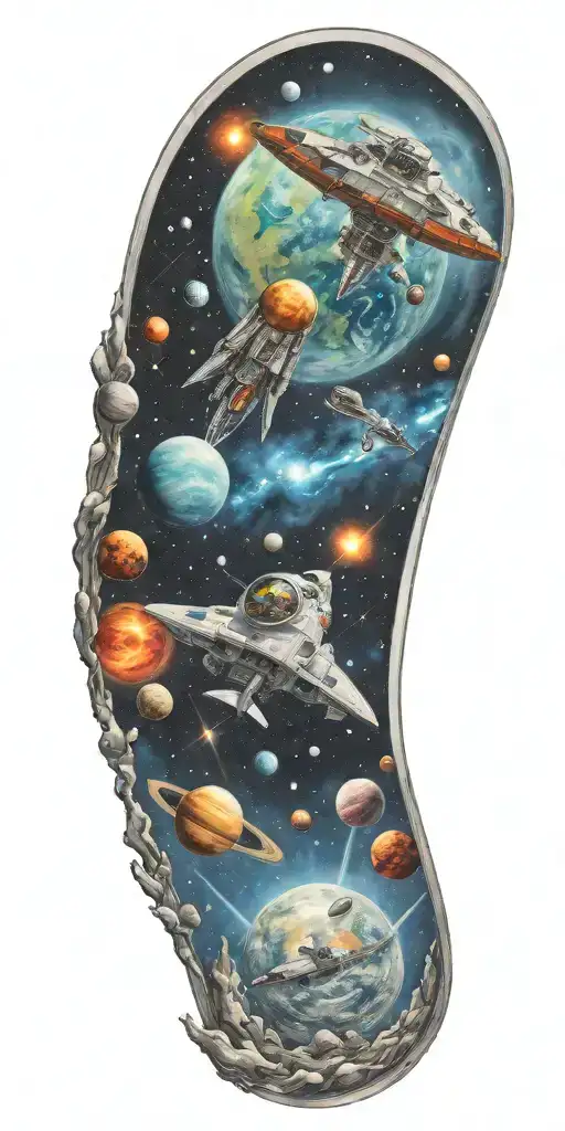 space, galaxy, universe, space ship, comet, planets, moon,  tattoo design idea